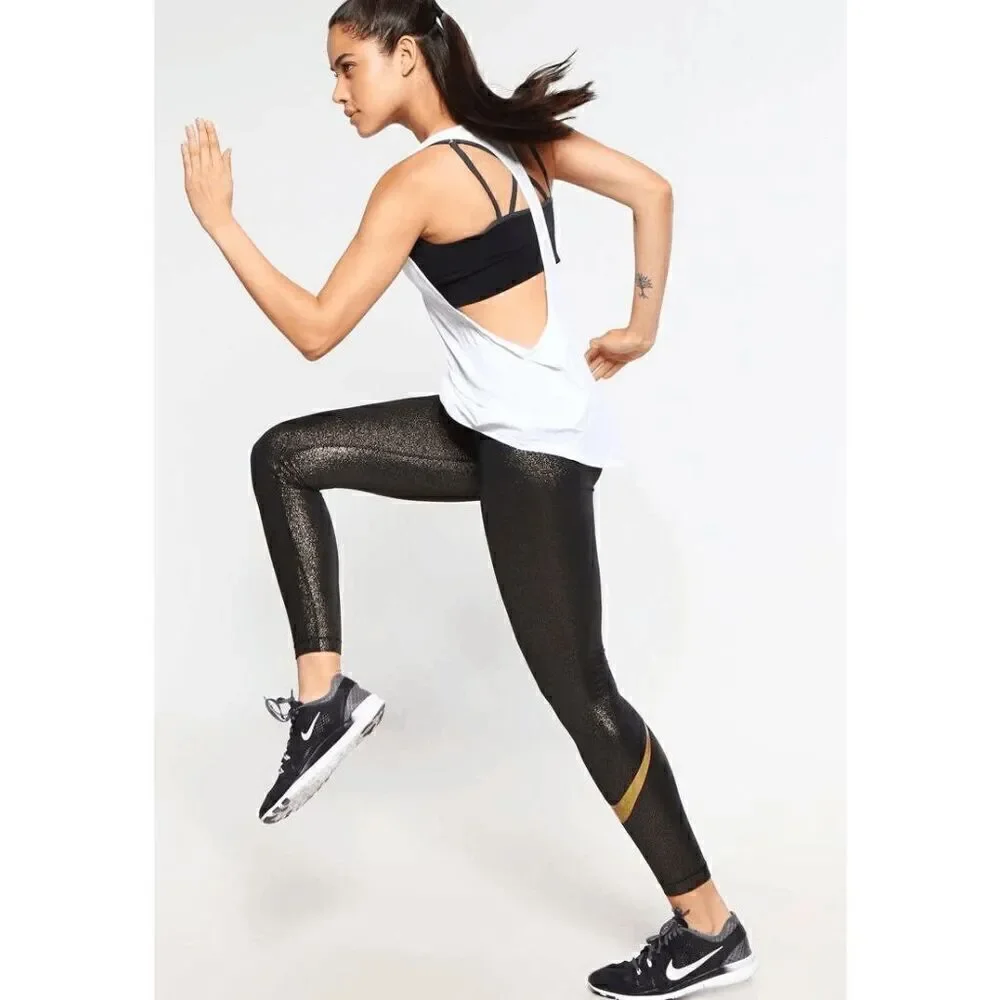 Nike Dri Fit Pro Cool Gold Black Sparkle Training Tights Leggings Small
